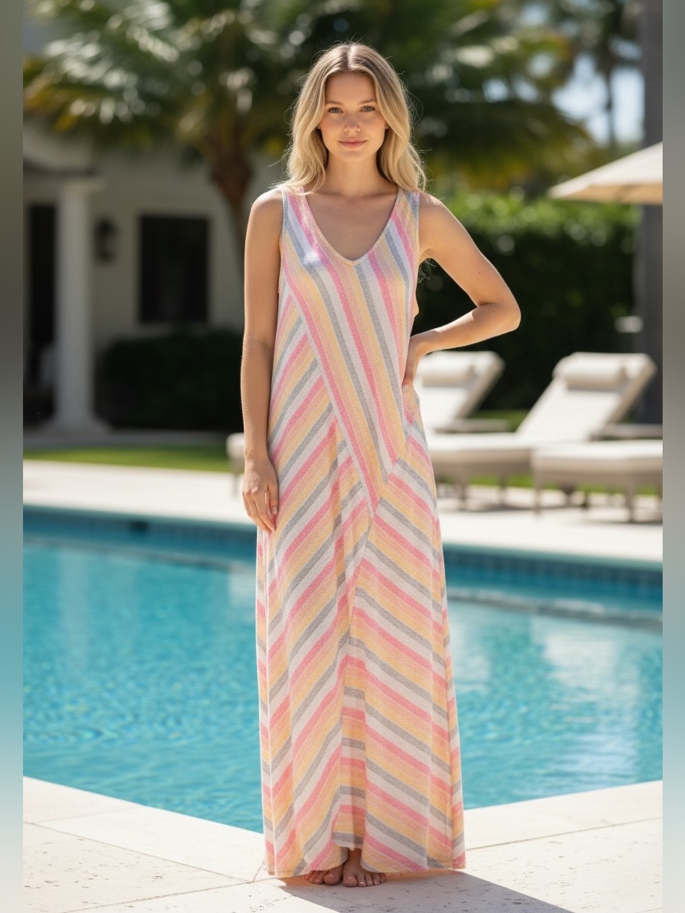 J.Jill Love Linen Multicolored Asymmetrical Striped V-Neck Maxi Dress, XL Long